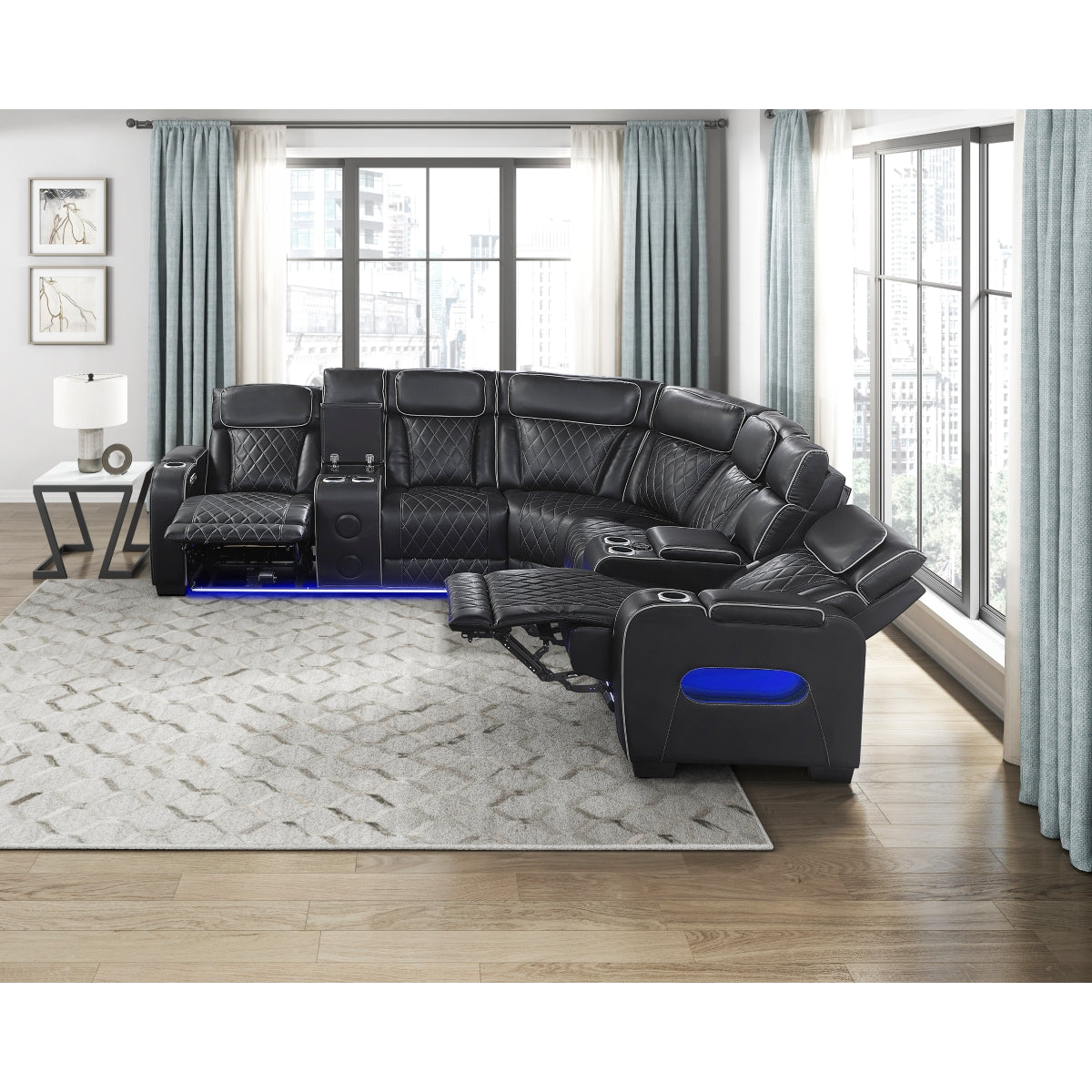 Fairway 3-Piece Power Reclining Sectional with Consoles, Power Headrests, Storage Arms(Top and Side), Cup holders, Charging Ports, Wireless speakers and LED lighting
