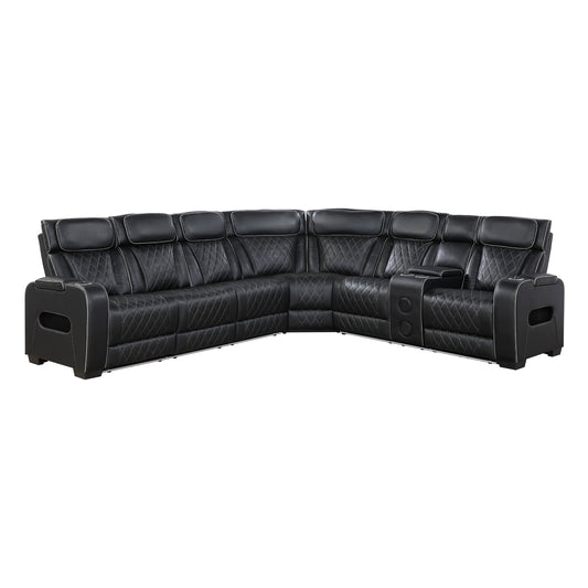 Fairway 3-Piece Power Reclining Sectional with Right Side Console, Drop-Down Cup Holders, Power Headrests, Storage Arms(Top and Side), Cup holders, Reading Lights, Charging Ports, Wireless speakers, Two Wireless Chargers, and LED lighting