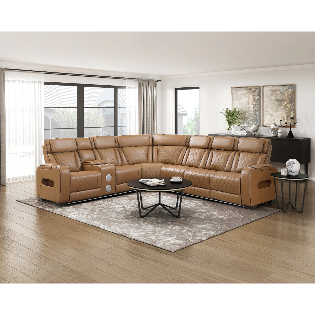 Fairway 3-Piece Power Reclining Sectional with Left Side Console, Drop-Down Cup Holders, Power Headrests, Storage Arms(Top and Side), Cup holders, Reading Lights, Charging Ports, Wireless speakers, Two Wireless Chargers, and LED lighting