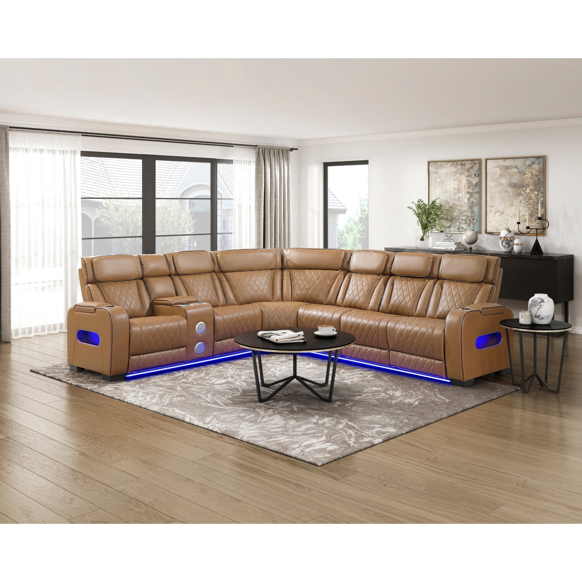 Fairway 3-Piece Power Reclining Sectional with Left Side Console, Drop-Down Cup Holders, Power Headrests, Storage Arms(Top and Side), Cup holders, Reading Lights, Charging Ports, Wireless speakers, Two Wireless Chargers, and LED lighting
