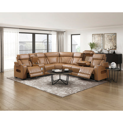 Fairway 3-Piece Power Reclining Sectional with Left Side Console, Drop-Down Cup Holders, Power Headrests, Storage Arms(Top and Side), Cup holders, Reading Lights, Charging Ports, Wireless speakers, Two Wireless Chargers, and LED lighting