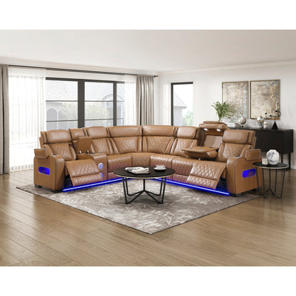 Fairway 3-Piece Power Reclining Sectional with Left Side Console, Drop-Down Cup Holders, Power Headrests, Storage Arms(Top and Side), Cup holders, Reading Lights, Charging Ports, Wireless speakers, Two Wireless Chargers, and LED lighting