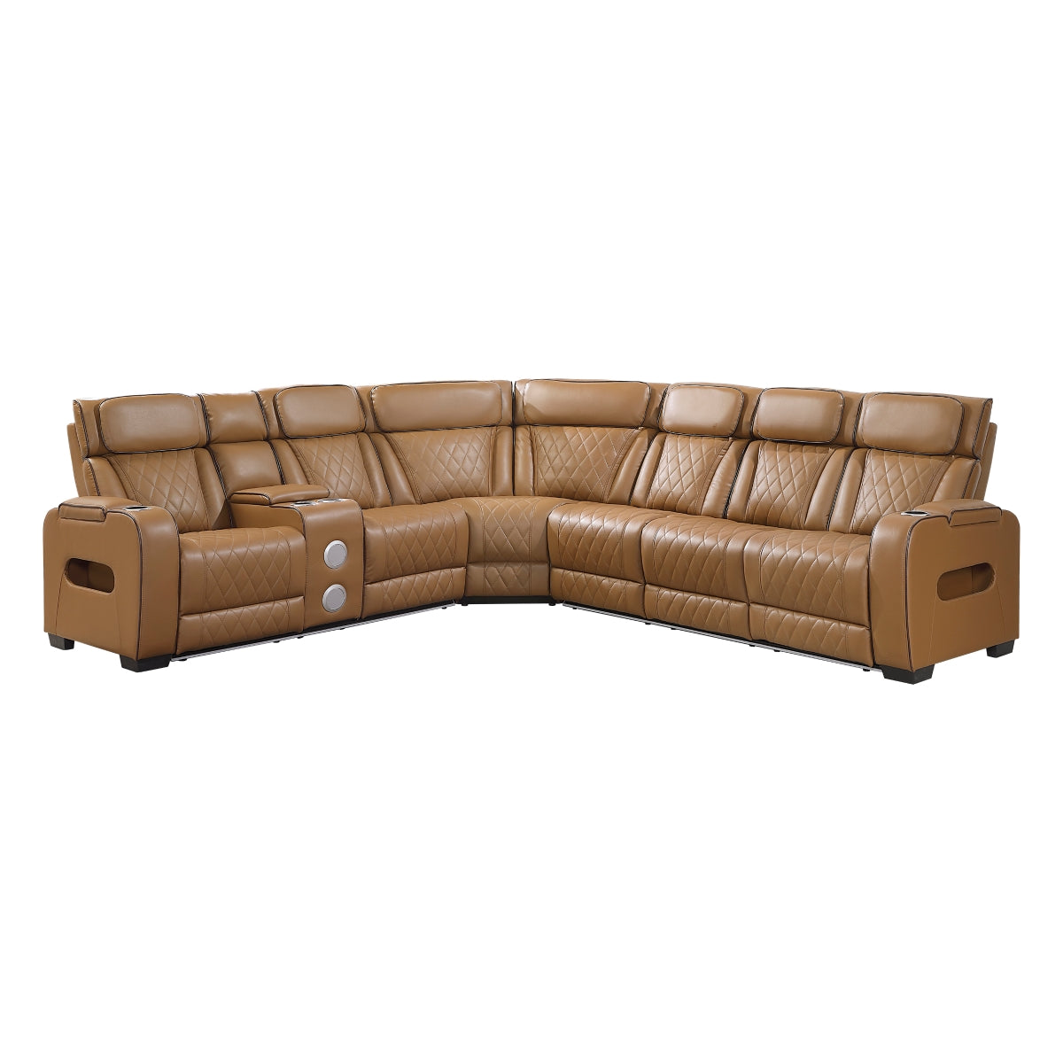 Fairway 3-Piece Power Reclining Sectional with Left Side Console, Drop-Down Cup Holders, Power Headrests, Storage Arms(Top and Side), Cup holders, Reading Lights, Charging Ports, Wireless speakers, Two Wireless Chargers, and LED lighting