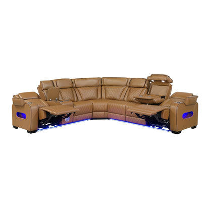 Fairway 3-Piece Power Reclining Sectional with Left Side Console, Drop-Down Cup Holders, Power Headrests, Storage Arms(Top and Side), Cup holders, Reading Lights, Charging Ports, Wireless speakers, Two Wireless Chargers, and LED lighting