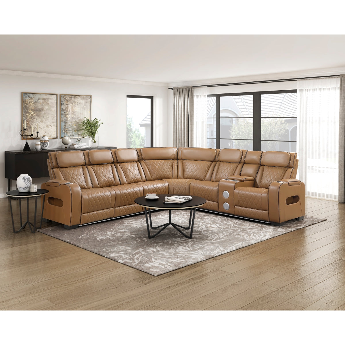 Fairway 3-Piece Power Reclining Sectional with Right Side Console, Drop-Down Cup Holders, Power Headrests, Storage Arms(Top and Side), Cup holders, Reading Lights, Charging Ports, Wireless speakers, Two Wireless Chargers, and LED lighting