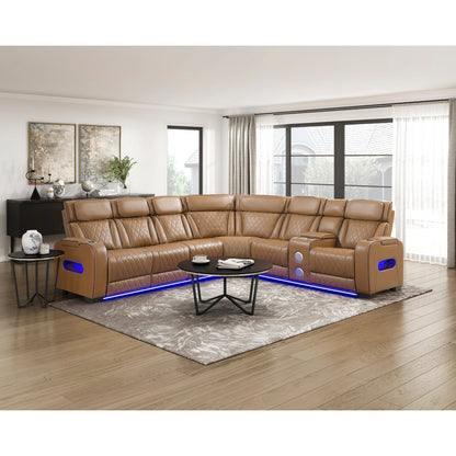 Fairway 3-Piece Power Reclining Sectional with Right Side Console, Drop-Down Cup Holders, Power Headrests, Storage Arms(Top and Side), Cup holders, Reading Lights, Charging Ports, Wireless speakers, Two Wireless Chargers, and LED lighting