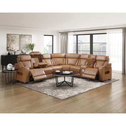 Fairway 3-Piece Power Reclining Sectional with Right Side Console, Drop-Down Cup Holders, Power Headrests, Storage Arms(Top and Side), Cup holders, Reading Lights, Charging Ports, Wireless speakers, Two Wireless Chargers, and LED lighting