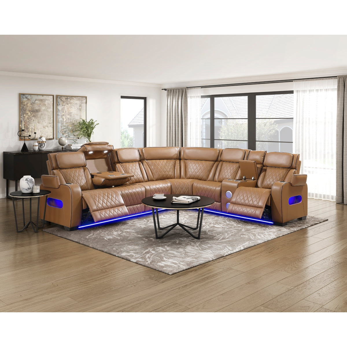 Fairway 3-Piece Power Reclining Sectional with Right Side Console, Drop-Down Cup Holders, Power Headrests, Storage Arms(Top and Side), Cup holders, Reading Lights, Charging Ports, Wireless speakers, Two Wireless Chargers, and LED lighting