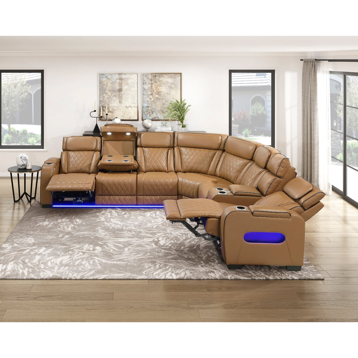 Fairway 3-Piece Power Reclining Sectional with Right Side Console, Drop-Down Cup Holders, Power Headrests, Storage Arms(Top and Side), Cup holders, Reading Lights, Charging Ports, Wireless speakers, Two Wireless Chargers, and LED lighting