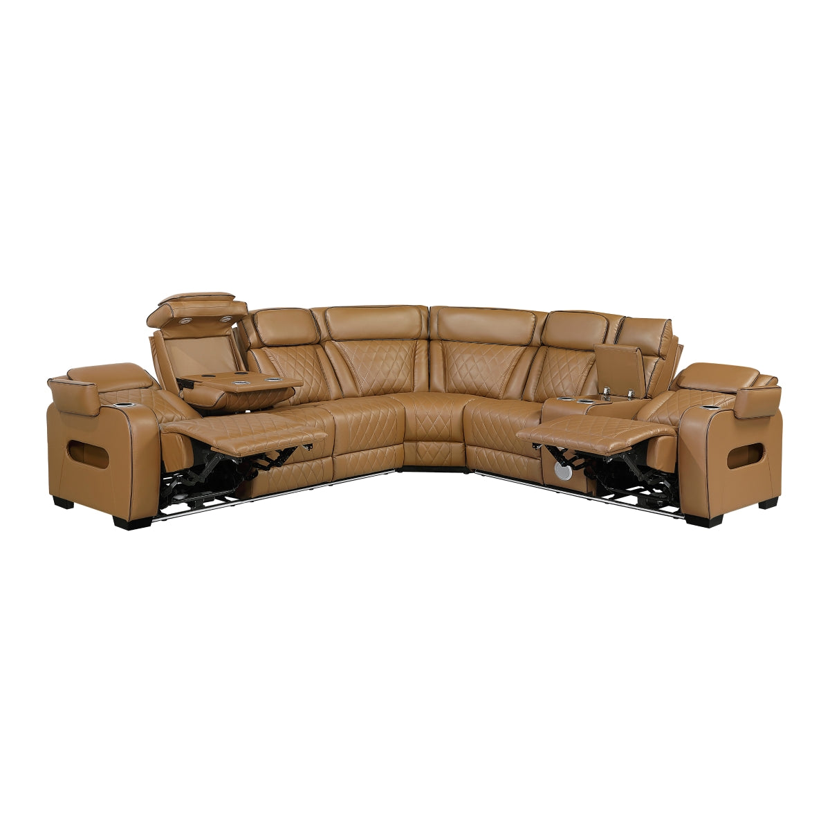 Fairway 3-Piece Power Reclining Sectional with Right Side Console, Drop-Down Cup Holders, Power Headrests, Storage Arms(Top and Side), Cup holders, Reading Lights, Charging Ports, Wireless speakers, Two Wireless Chargers, and LED lighting