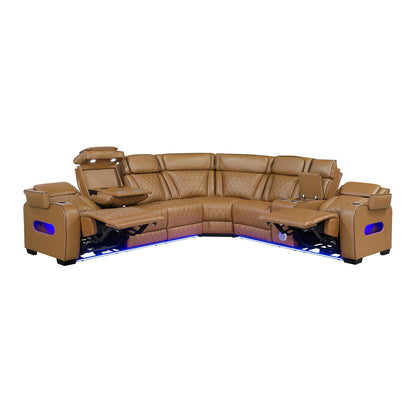 Fairway 3-Piece Power Reclining Sectional with Right Side Console, Drop-Down Cup Holders, Power Headrests, Storage Arms(Top and Side), Cup holders, Reading Lights, Charging Ports, Wireless speakers, Two Wireless Chargers, and LED lighting