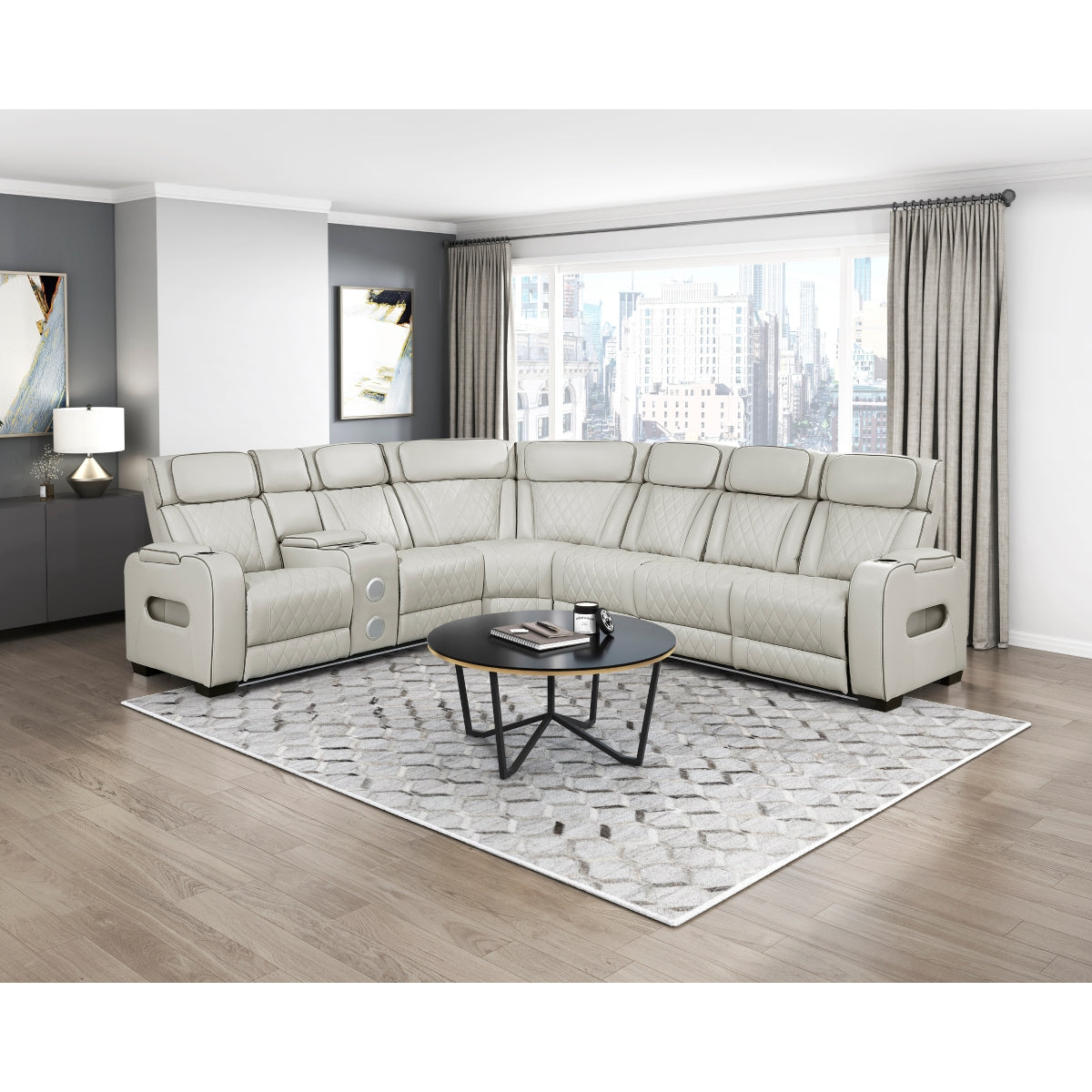 Fairway 3-Piece Power Reclining Sectional with Left Side Console, Drop-Down Cup Holders, Power Headrests, Storage Arms(Top and Side), Cup holders, Reading Lights, Charging Ports, Wireless speakers, Two Wireless Chargers, and LED lighting