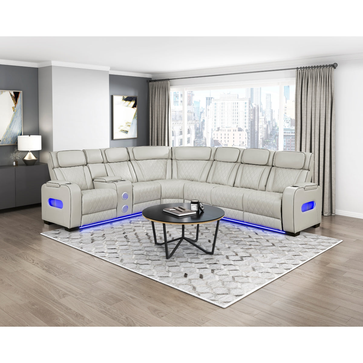 Fairway 3-Piece Power Reclining Sectional with Left Side Console, Drop-Down Cup Holders, Power Headrests, Storage Arms(Top and Side), Cup holders, Reading Lights, Charging Ports, Wireless speakers, Two Wireless Chargers, and LED lighting
