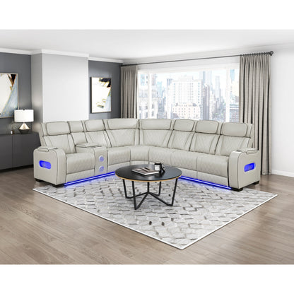 Fairway 3-Piece Power Reclining Sectional with Left Side Console, Drop-Down Cup Holders, Power Headrests, Storage Arms(Top and Side), Cup holders, Reading Lights, Charging Ports, Wireless speakers, Two Wireless Chargers, and LED lighting