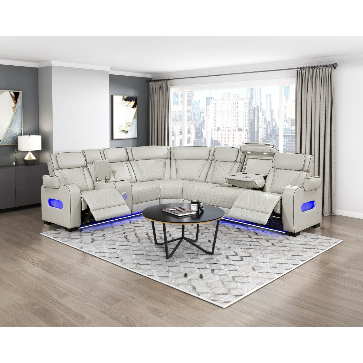 Fairway 3-Piece Power Reclining Sectional with Left Side Console, Drop-Down Cup Holders, Power Headrests, Storage Arms(Top and Side), Cup holders, Reading Lights, Charging Ports, Wireless speakers, Two Wireless Chargers, and LED lighting