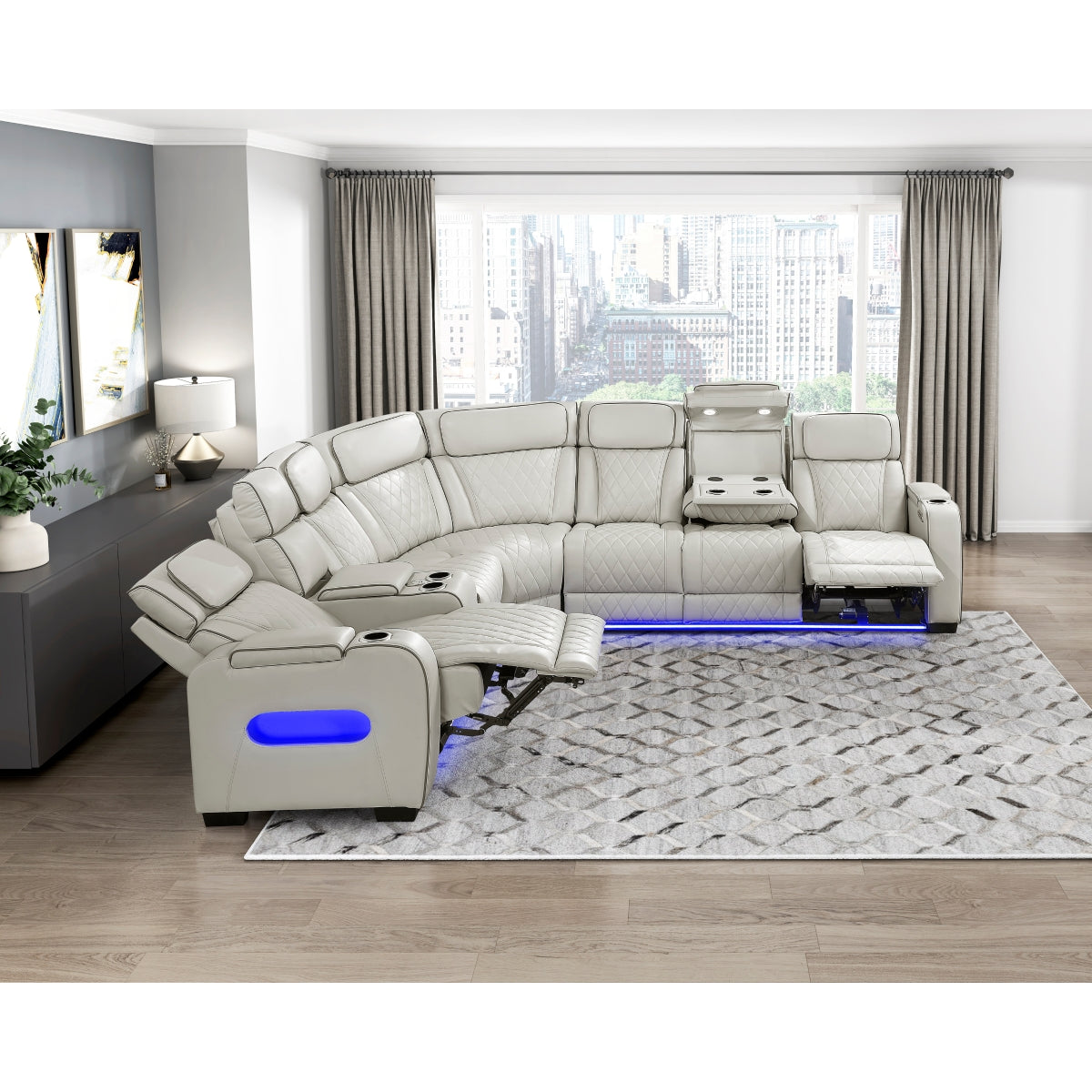 Fairway 3-Piece Power Reclining Sectional with Left Side Console, Drop-Down Cup Holders, Power Headrests, Storage Arms(Top and Side), Cup holders, Reading Lights, Charging Ports, Wireless speakers, Two Wireless Chargers, and LED lighting