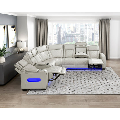 Fairway 3-Piece Power Reclining Sectional with Left Side Console, Drop-Down Cup Holders, Power Headrests, Storage Arms(Top and Side), Cup holders, Reading Lights, Charging Ports, Wireless speakers, Two Wireless Chargers, and LED lighting