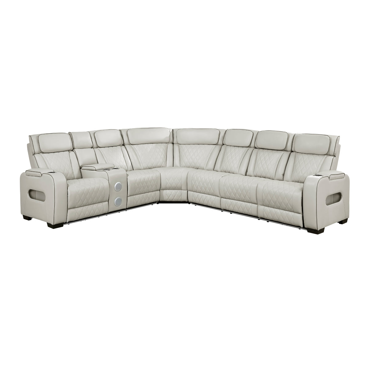 Fairway 3-Piece Power Reclining Sectional with Left Side Console, Drop-Down Cup Holders, Power Headrests, Storage Arms(Top and Side), Cup holders, Reading Lights, Charging Ports, Wireless speakers, Two Wireless Chargers, and LED lighting