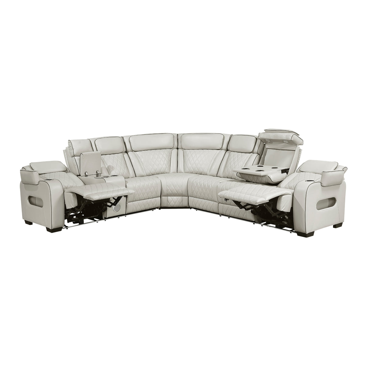 Fairway 3-Piece Power Reclining Sectional with Left Side Console, Drop-Down Cup Holders, Power Headrests, Storage Arms(Top and Side), Cup holders, Reading Lights, Charging Ports, Wireless speakers, Two Wireless Chargers, and LED lighting