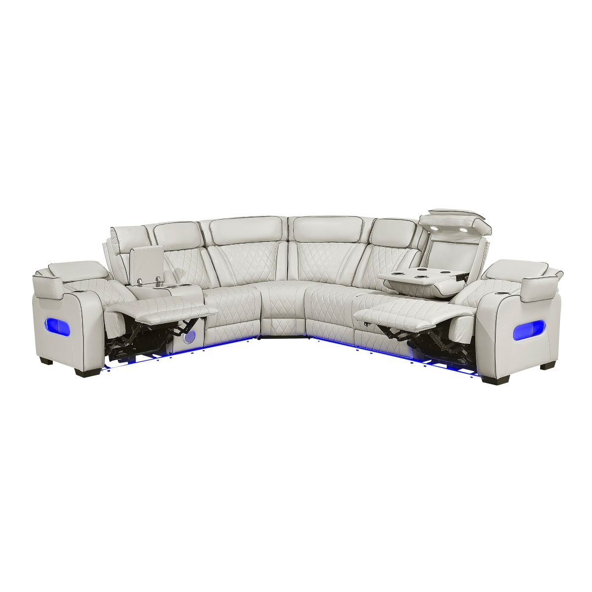 Fairway 3-Piece Power Reclining Sectional with Left Side Console, Drop-Down Cup Holders, Power Headrests, Storage Arms(Top and Side), Cup holders, Reading Lights, Charging Ports, Wireless speakers, Two Wireless Chargers, and LED lighting