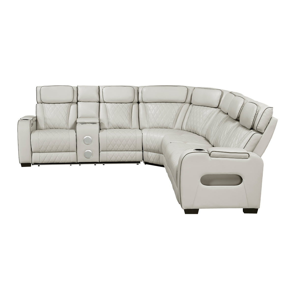 Fairway 3-Piece Power Reclining Sectional with Left Side Console, Drop-Down Cup Holders, Power Headrests, Storage Arms(Top and Side), Cup holders, Reading Lights, Charging Ports, Wireless speakers, Two Wireless Chargers, and LED lighting