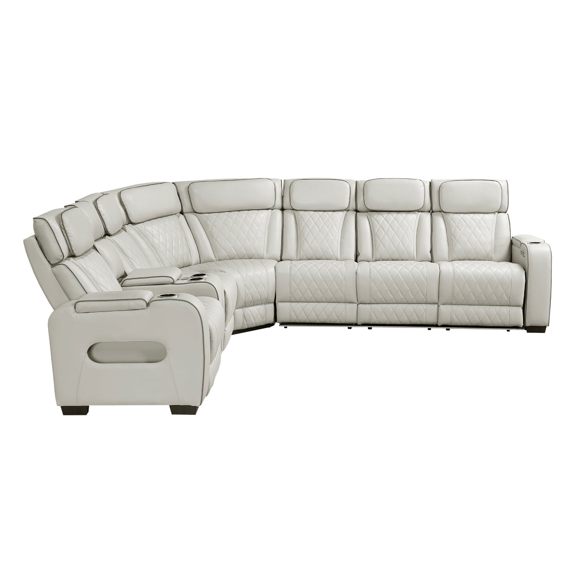Fairway 3-Piece Power Reclining Sectional with Left Side Console, Drop-Down Cup Holders, Power Headrests, Storage Arms(Top and Side), Cup holders, Reading Lights, Charging Ports, Wireless speakers, Two Wireless Chargers, and LED lighting