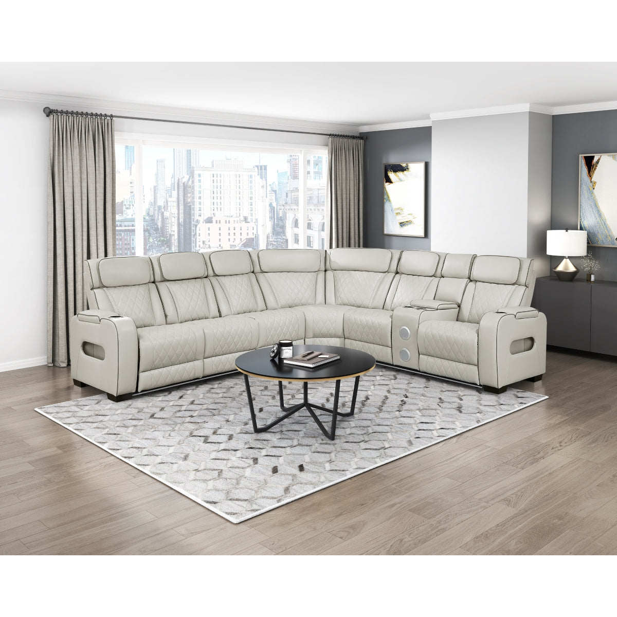 Fairway 3-Piece Power Reclining Sectional with Right Side Console, Drop-Down Cup Holders, Power Headrests, Storage Arms(Top and Side), Cup holders, Reading Lights, Charging Ports, Wireless speakers, Two Wireless Chargers, and LED lighting