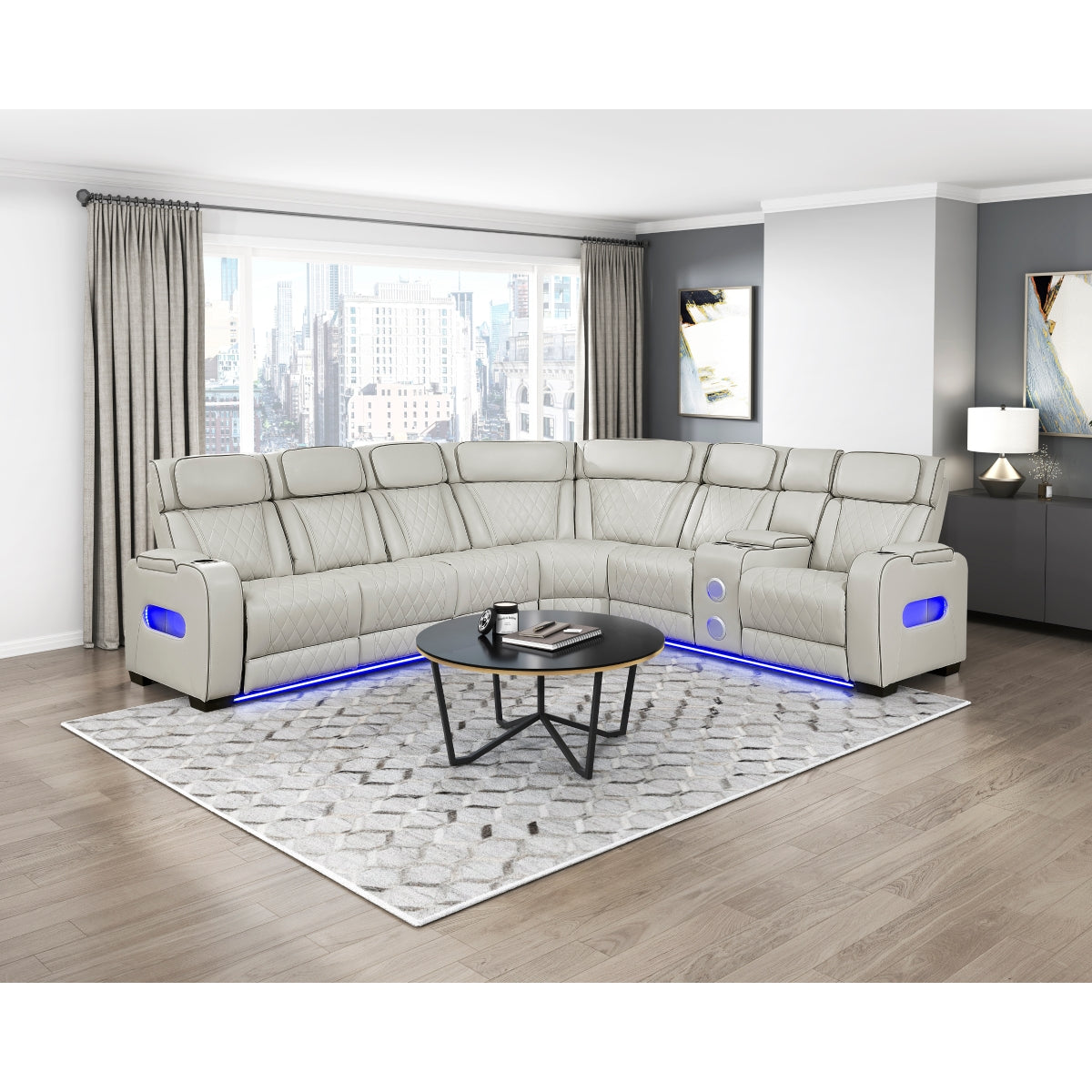 Fairway 3-Piece Power Reclining Sectional with Right Side Console, Drop-Down Cup Holders, Power Headrests, Storage Arms(Top and Side), Cup holders, Reading Lights, Charging Ports, Wireless speakers, Two Wireless Chargers, and LED lighting