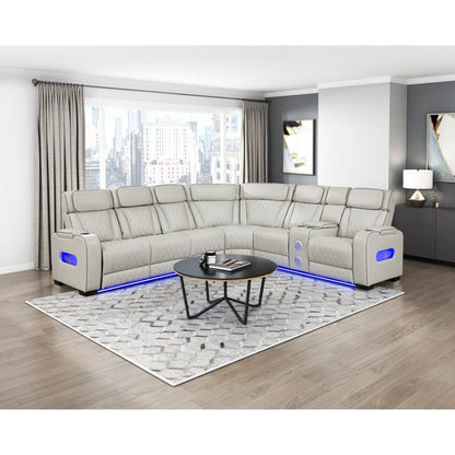 Fairway 3-Piece Power Reclining Sectional with Right Side Console, Drop-Down Cup Holders, Power Headrests, Storage Arms(Top and Side), Cup holders, Reading Lights, Charging Ports, Wireless speakers, Two Wireless Chargers, and LED lighting
