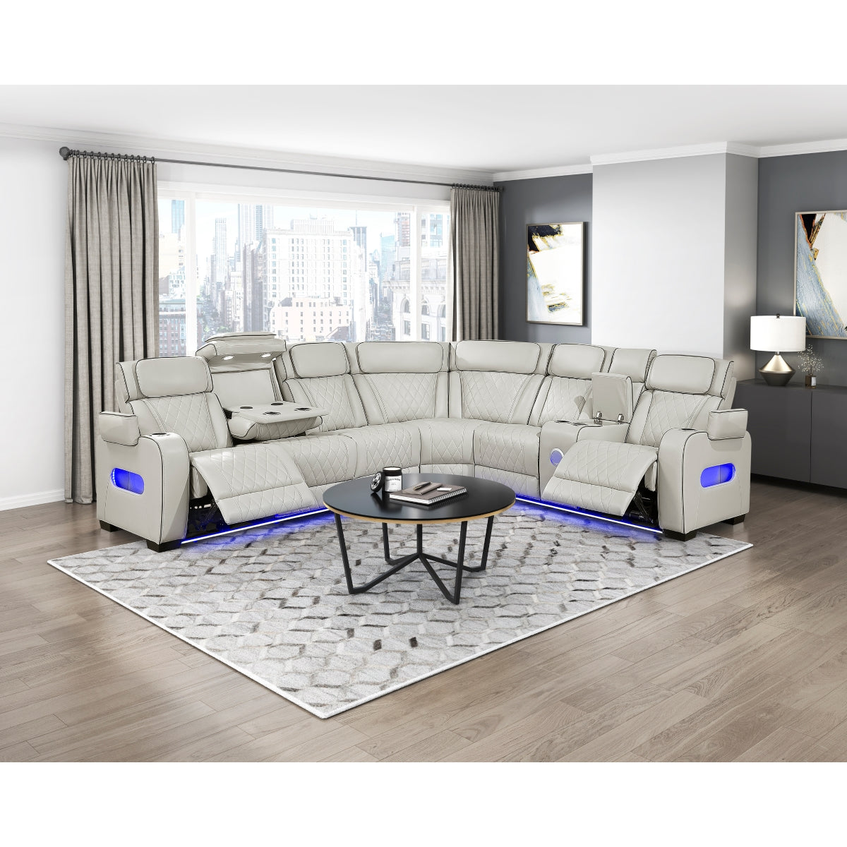 Fairway 3-Piece Power Reclining Sectional with Right Side Console, Drop-Down Cup Holders, Power Headrests, Storage Arms(Top and Side), Cup holders, Reading Lights, Charging Ports, Wireless speakers, Two Wireless Chargers, and LED lighting