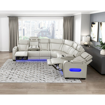 Fairway 3-Piece Power Reclining Sectional with Right Side Console, Drop-Down Cup Holders, Power Headrests, Storage Arms(Top and Side), Cup holders, Reading Lights, Charging Ports, Wireless speakers, Two Wireless Chargers, and LED lighting