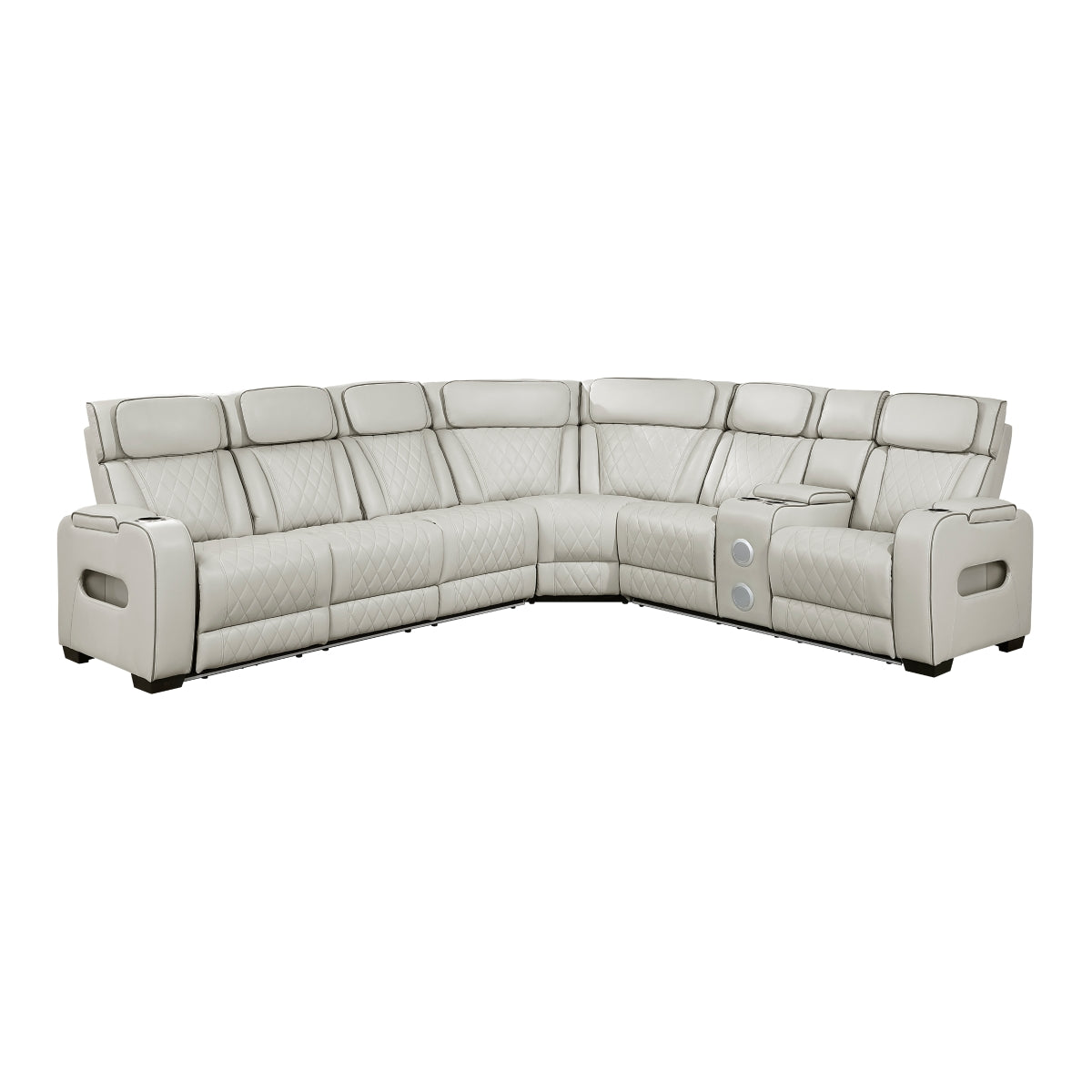 Fairway 3-Piece Power Reclining Sectional with Right Side Console, Drop-Down Cup Holders, Power Headrests, Storage Arms(Top and Side), Cup holders, Reading Lights, Charging Ports, Wireless speakers, Two Wireless Chargers, and LED lighting