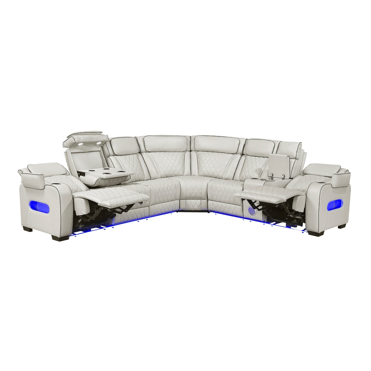 Fairway 3-Piece Power Reclining Sectional with Right Side Console, Drop-Down Cup Holders, Power Headrests, Storage Arms(Top and Side), Cup holders, Reading Lights, Charging Ports, Wireless speakers, Two Wireless Chargers, and LED lighting