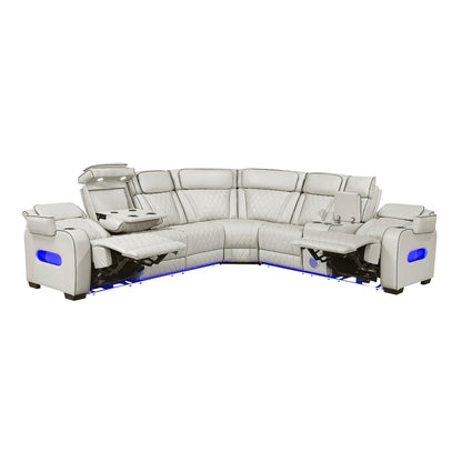 Fairway 3-Piece Power Reclining Sectional with Right Side Console, Drop-Down Cup Holders, Power Headrests, Storage Arms(Top and Side), Cup holders, Reading Lights, Charging Ports, Wireless speakers, Two Wireless Chargers, and LED lighting