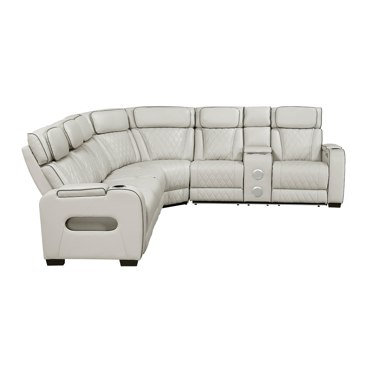 Fairway 3-Piece Power Reclining Sectional with Right Side Console, Drop-Down Cup Holders, Power Headrests, Storage Arms(Top and Side), Cup holders, Reading Lights, Charging Ports, Wireless speakers, Two Wireless Chargers, and LED lighting