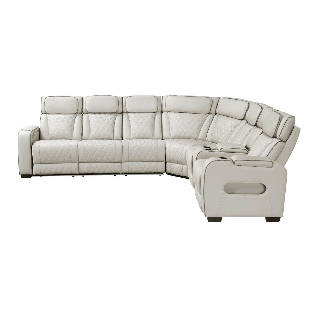 Fairway 3-Piece Power Reclining Sectional with Right Side Console, Drop-Down Cup Holders, Power Headrests, Storage Arms(Top and Side), Cup holders, Reading Lights, Charging Ports, Wireless speakers, Two Wireless Chargers, and LED lighting