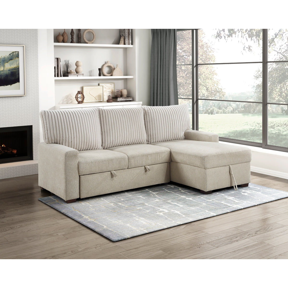 Gallatin 2-Piece Sectional with Right Chaise and Drop-Down Cup holders, Storage Pouch, Pull-out Bed and Hidden Storage