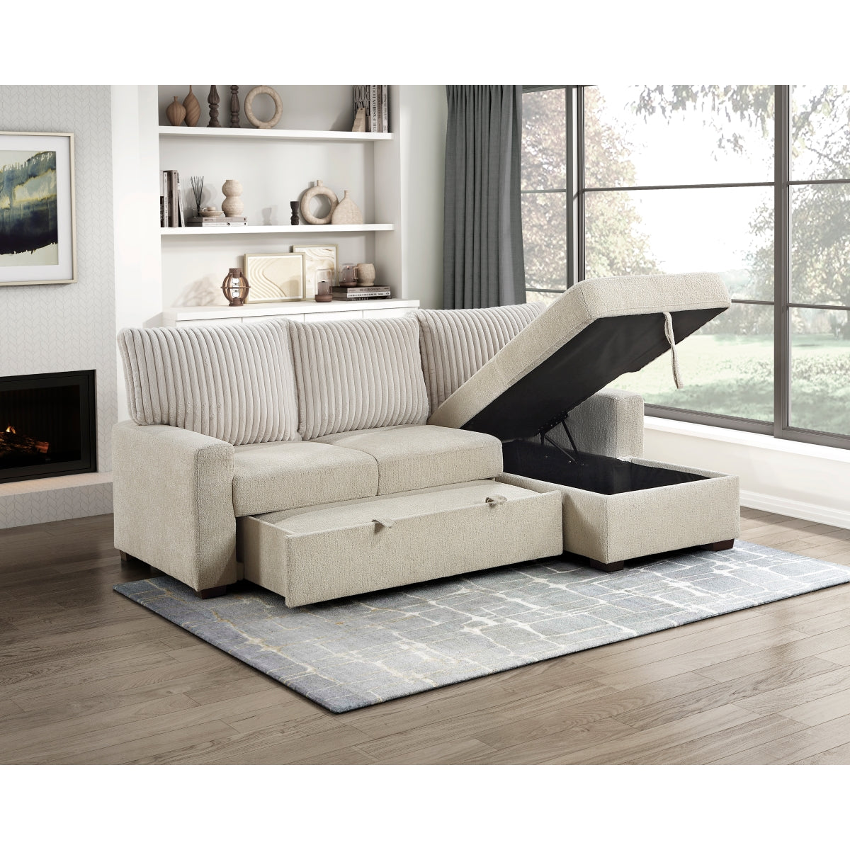 Gallatin 2-Piece Sectional with Right Chaise and Drop-Down Cup holders, Storage Pouch, Pull-out Bed and Hidden Storage