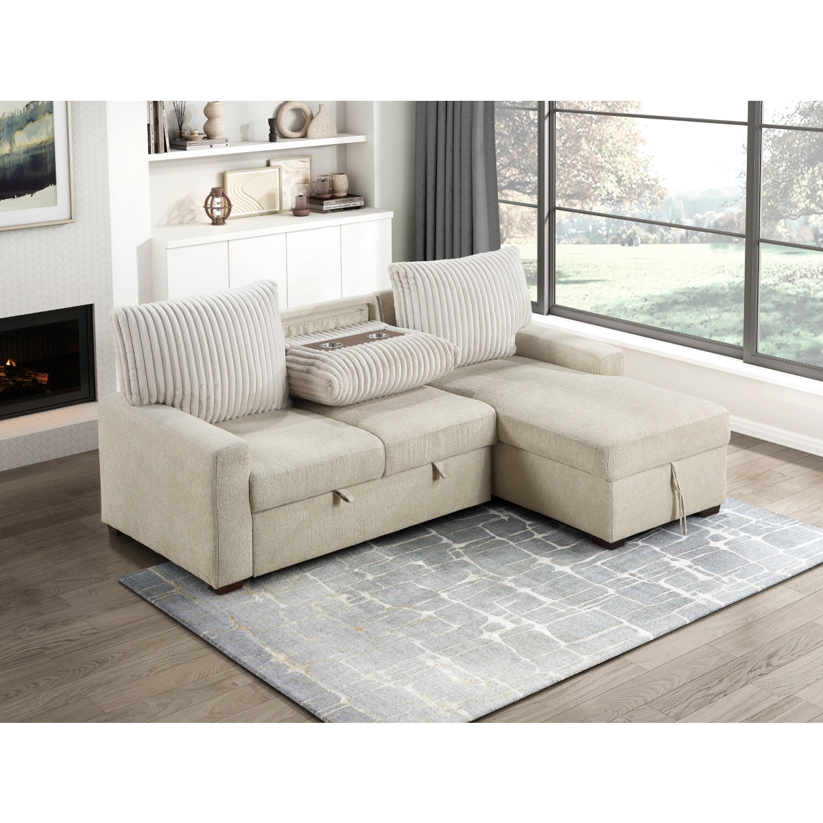 Gallatin 2-Piece Sectional with Right Chaise and Drop-Down Cup holders, Storage Pouch, Pull-out Bed and Hidden Storage