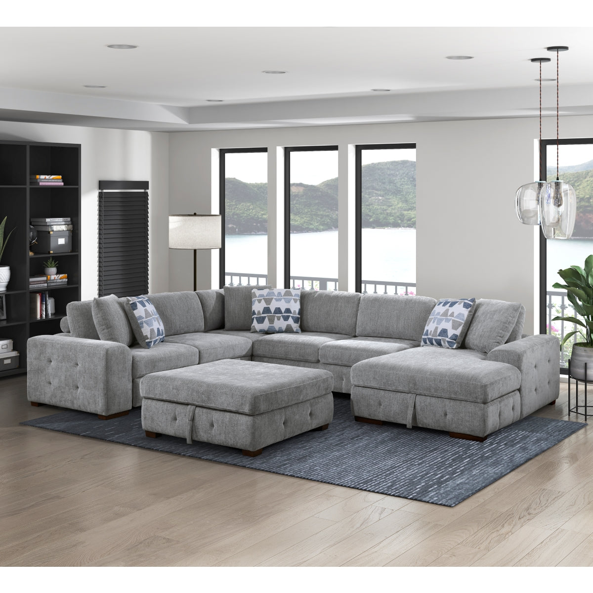Raife 5-Piece Sectional with Right Chais, Pull-out Bed and Ottoman