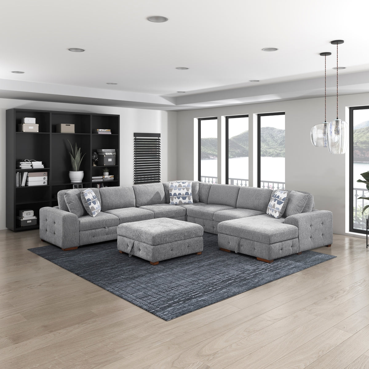 Raife 6-Piece Sectional with Right Chaise, Pull-out Bed and Ottoman