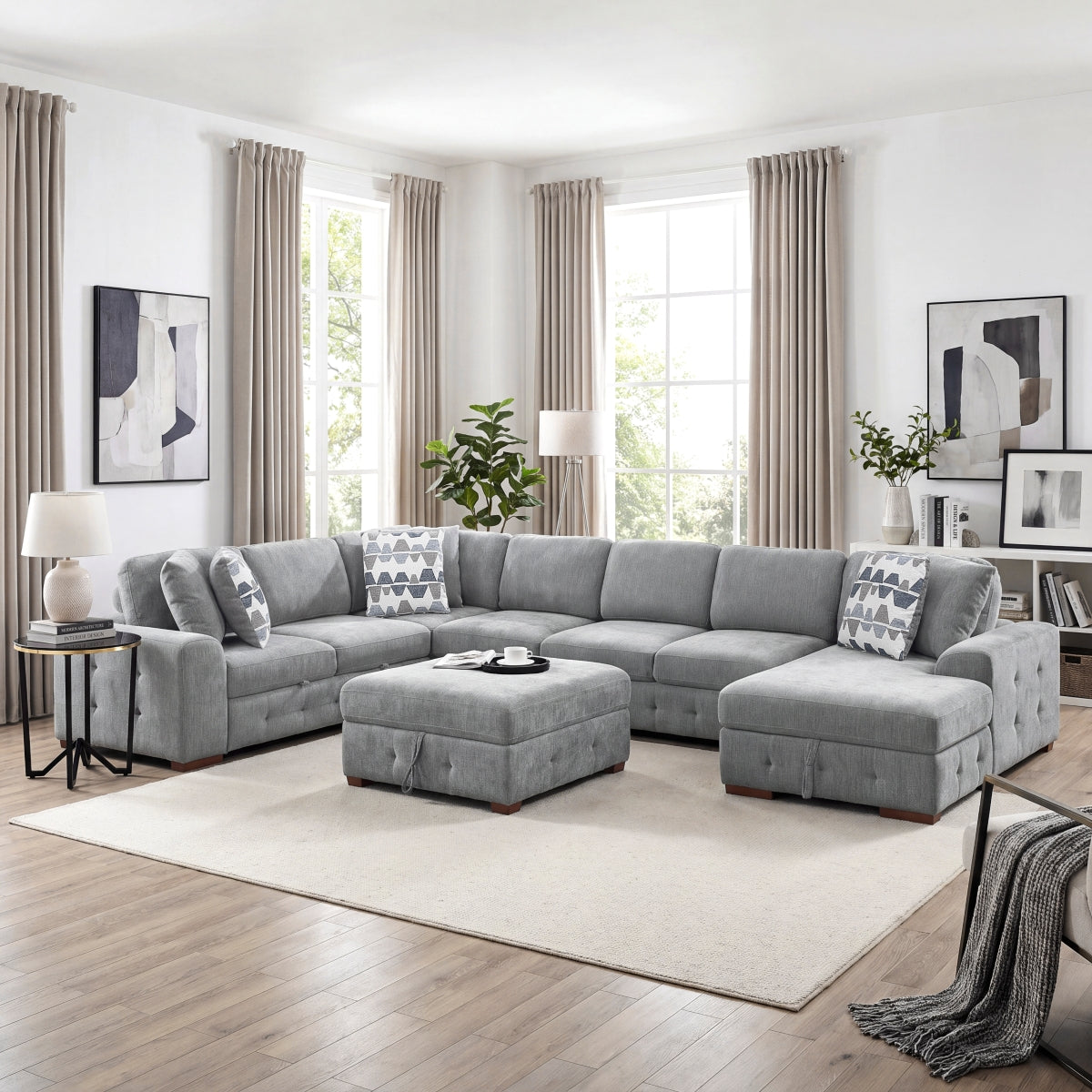 Raife 6-Piece Sectional with Right Chaise, Pull-out Bed and Ottoman