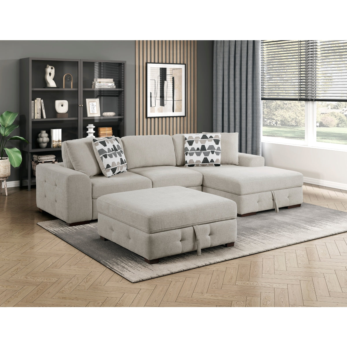 Raife 3-Piece Sectional with Right Chaise, Pull-out Bed and Ottoman