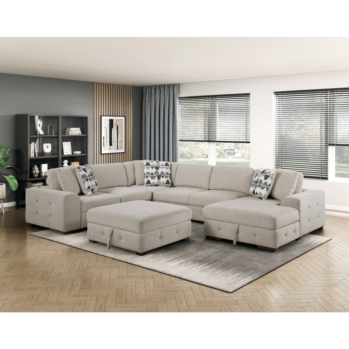 Raife 5-Piece Sectional with Right Chaise, Pull-out Bed and Ottoman