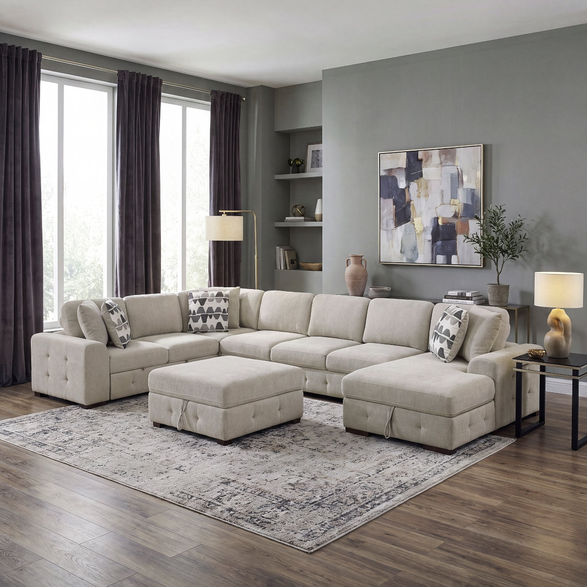 Raife 6-Piece Sectional with Right Chaise, Pull-out Bed and Ottoman