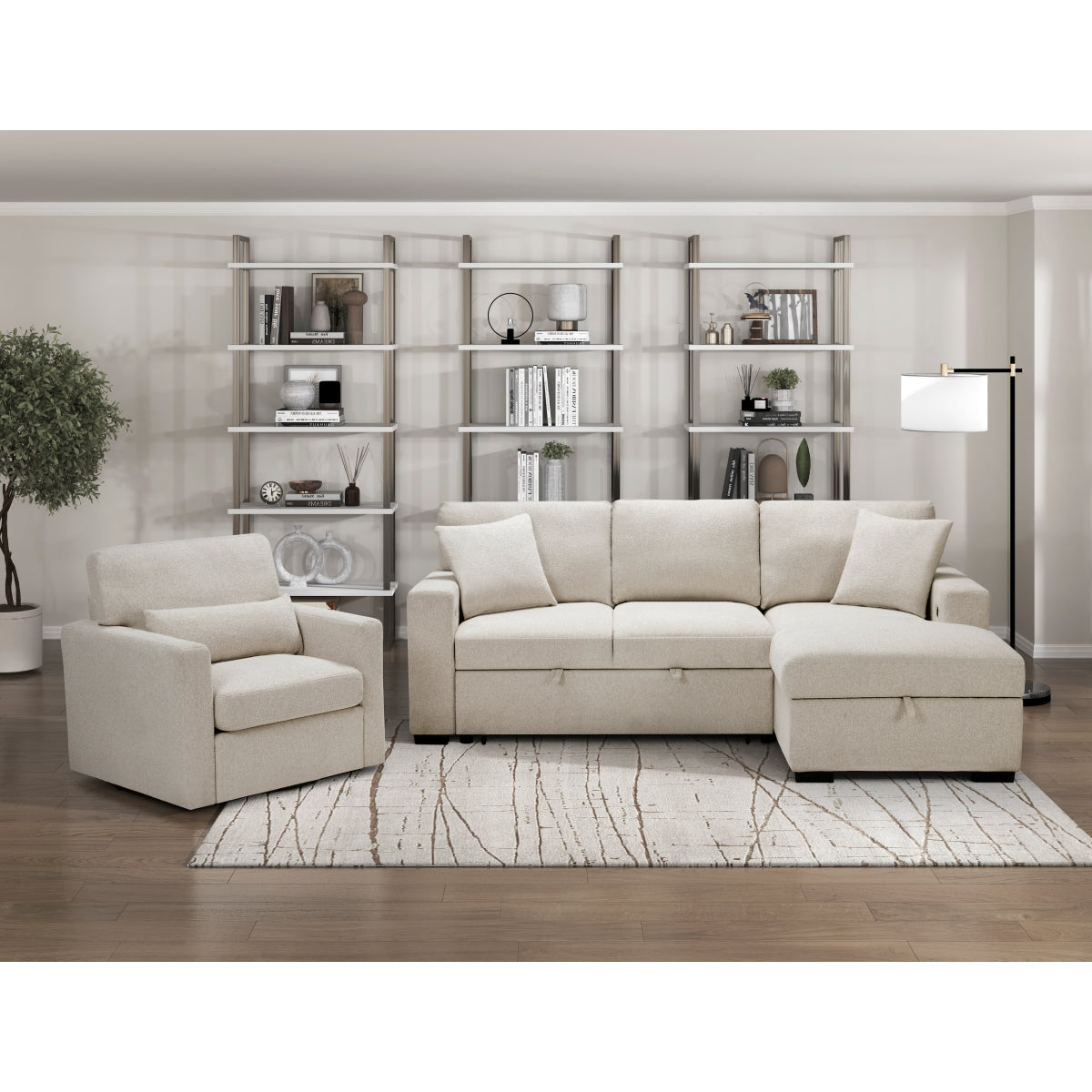 Pompano Sectional with Right Chaise, Pull-out Bed, Hidden Storage and Shelves, Charging Ports