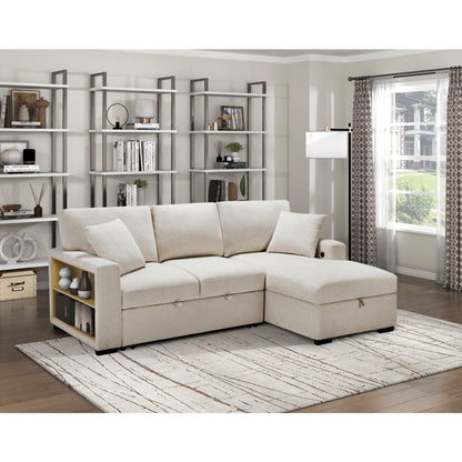 Pompano Sectional with Right Chaise, Pull-out Bed, Hidden Storage and Shelves, Charging Ports