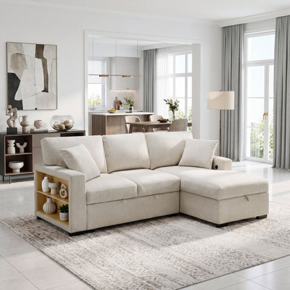 Pompano Sectional with Right Chaise, Pull-out Bed, Hidden Storage and Shelves, Charging Ports