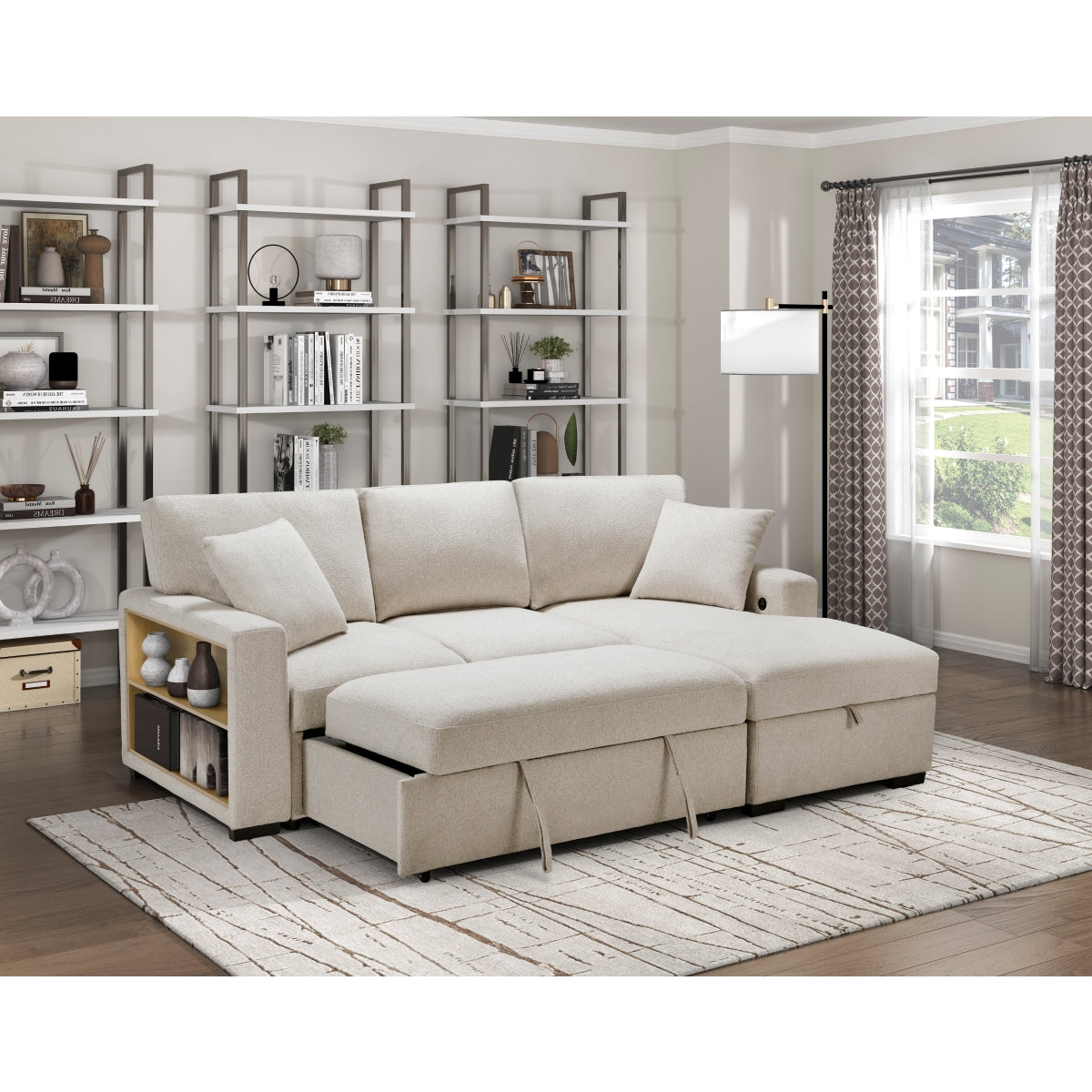 Pompano Sectional with Right Chaise, Pull-out Bed, Hidden Storage and Shelves, Charging Ports