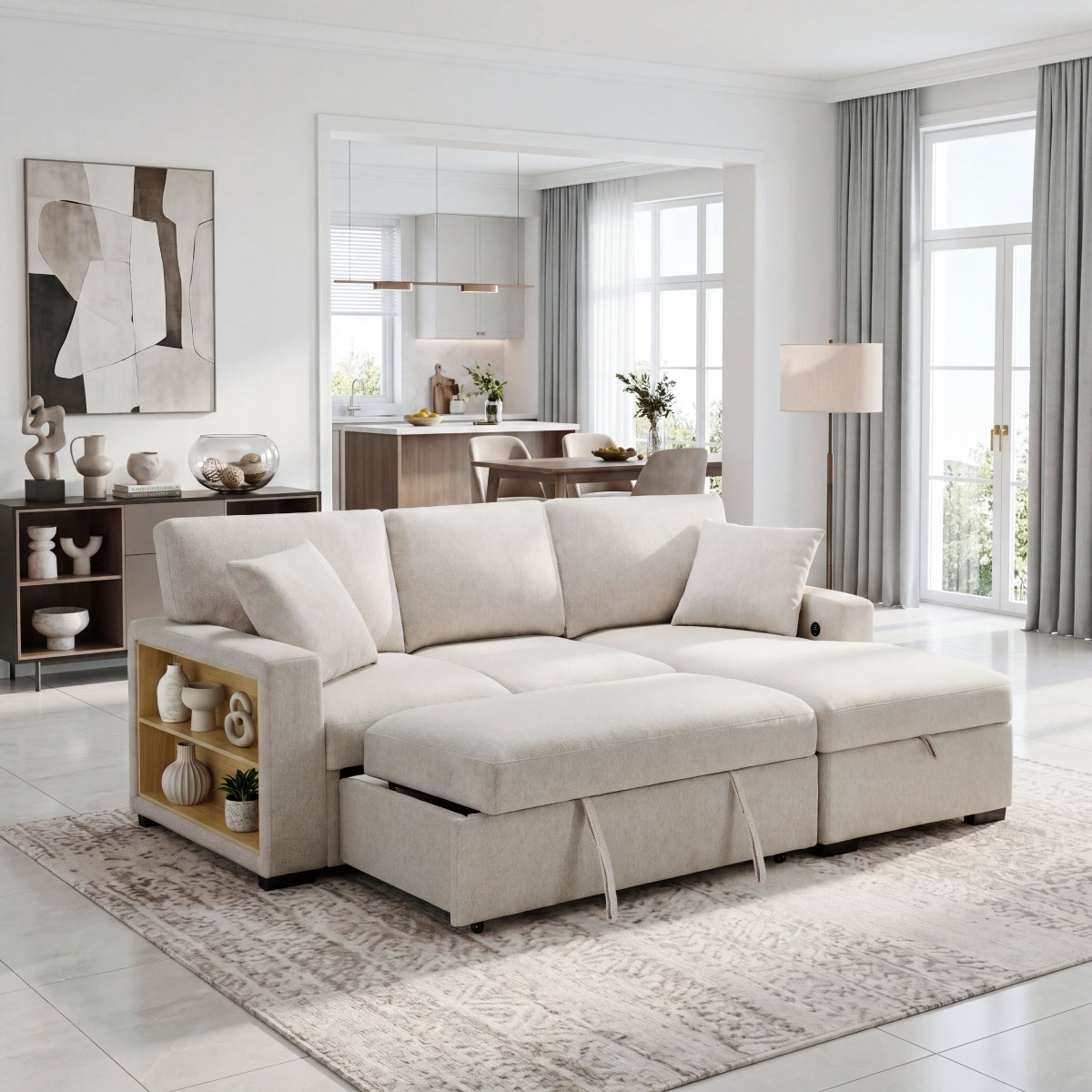 Pompano Sectional with Right Chaise, Pull-out Bed, Hidden Storage and Shelves, Charging Ports
